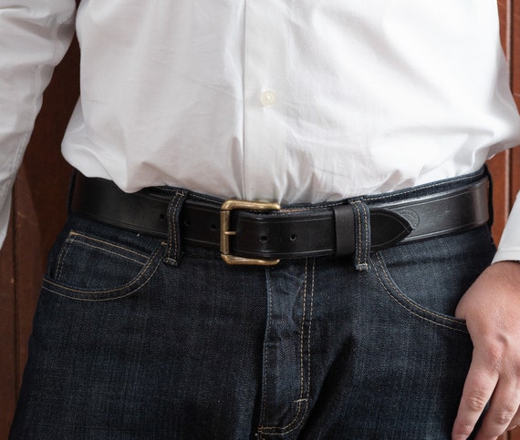 Black Leather Belt With Antique Brass Roller Buckle 