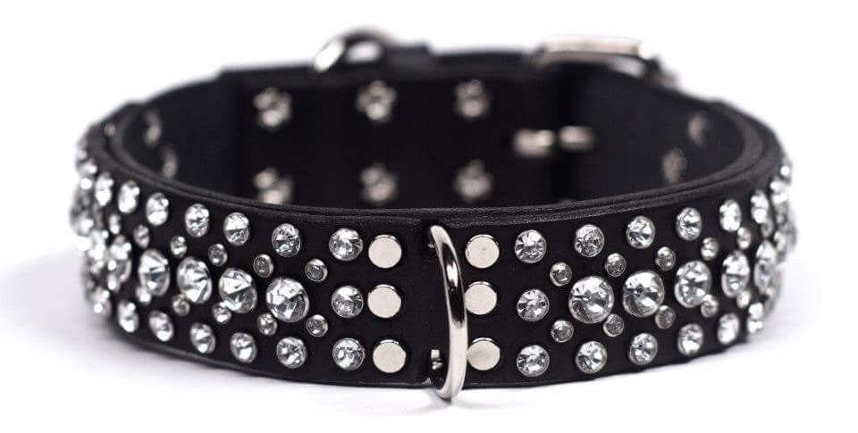 Crystal Studded Full Grain Leather Dog Collar Large Breed Accessory Handcrafted 1.5" Wide