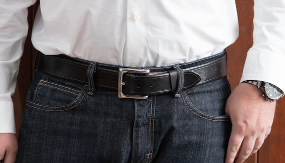 Black Full Grain Leather Belt Brushed Silver Square Buckle  display picture 3