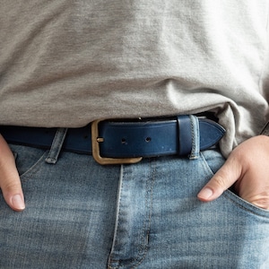 Royal Blue Full Grain Leather Belt, Antique Brass Wave Buckle, Handmade Mens Accessory