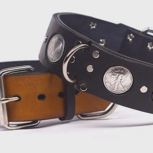Handcrafted Leather Collar Head And Tails Coin Design Large Breed Dog Collars Full Grain Leather Craft Stainless Steel Buckle Design Custom