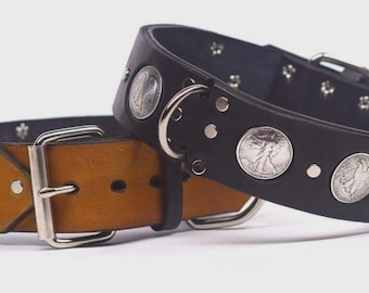Leather Dog Collar: Veg-Tanned, 50-Cent Replica Conchos