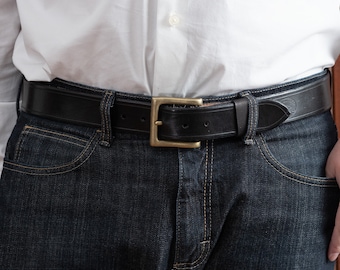 Dark Brown Leather Belt With Square Brass Buckle