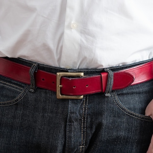 Red Leather Belt With Square Brass Buckle