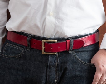 Red Leather Belt With Square Brass Buckle