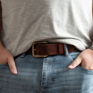 Moccasin Brown Leather Belt With Antique Brass Wave Buckle