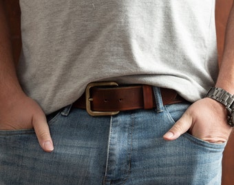 Moccasin Brown Leather Belt With Antique Brass Wave Buckle