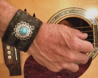 Black Leather Buckle Cuff with Turquoise Concho Handmade Full Grain Leather