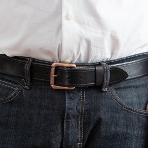 Black Leather Belt With Copper Square Buckle, 1.5