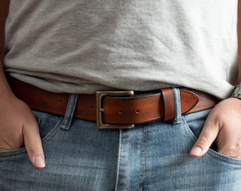 Tan Leather Belt with Square Antique Brass Buckle Handmade Full Grain Leather