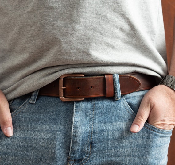 Moccasin Brown Mens Leather Belt Copper Roller Buckle Full Grain Casual Attire