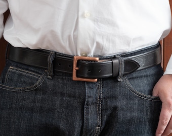 Black Leather Belt With Copper Square Buckle, 1.5" Width