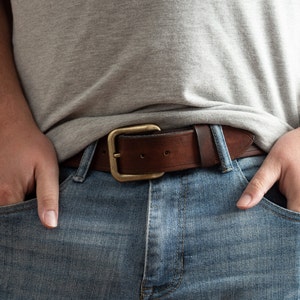 Full Grain Belt Wave Buckle Antique Brass Classic Accessory Quality Gift for Men Leather Belt Multiple Sizes Available Different Colors
