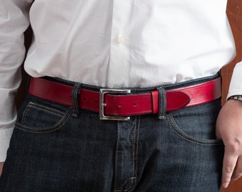 Red Leather Belt With Square Nickel  Buckle, 1.5" Width