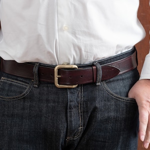 Burgundy Leather Belt With Antique Brass  Wave Buckle
