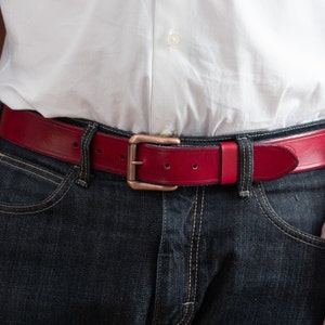Red Leather Belt With Antique Copper Roller Buckle
