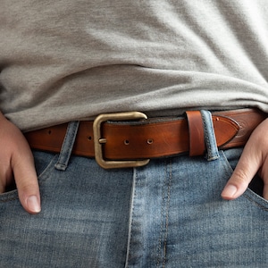 Tan Leather Belt With Antique Brass Wave Buckle
