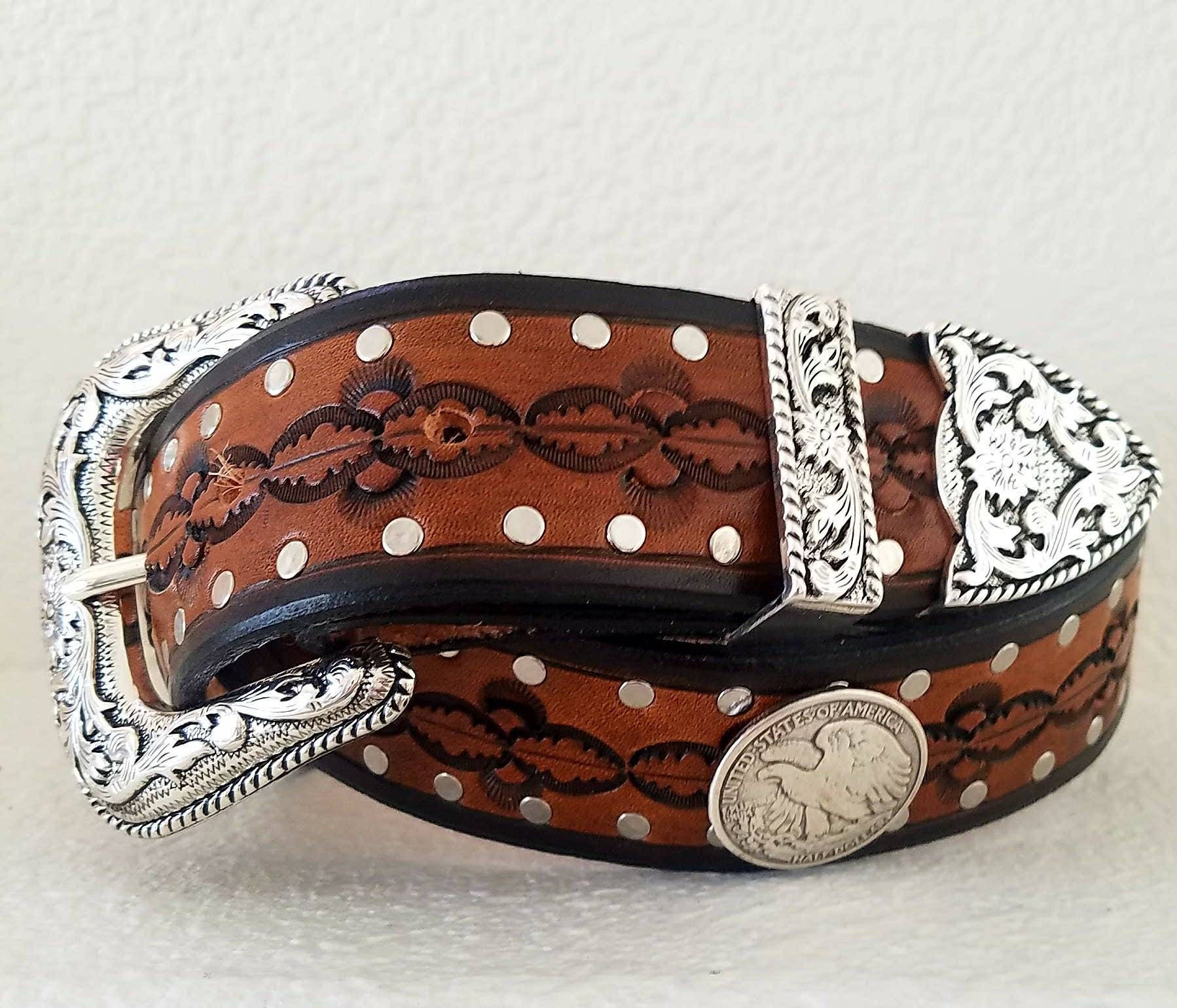 Western Tooled Concho Belt with Embossed Buckle - Cotton - Medium Men main image 3