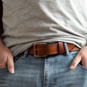 British Tan Leather Belt: Antique Copper Roller Buckle, Handmade Full-Grain Cowhide