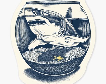 Shark in a Fishbowl - 3" Art Sticker Vinyl Decal