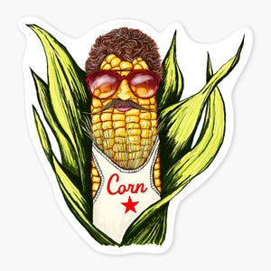 May include: A cartoon corn cob wearing sunglasses and a white vest with the word "Corn" printed on it. The corn cob has a brown moustache and a red star on its vest.