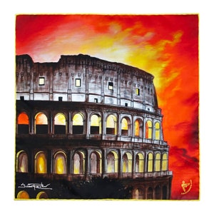 May include: A watercolor painting of the Colosseum in Rome, Italy, at sunset. The sky is a vibrant orange and yellow, and the Colosseum is silhouetted against it. The painting is framed with a yellow border.