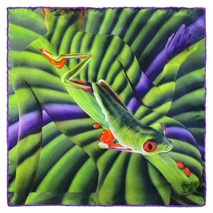 May include: An abstract design in shades of green and purple featuring a green frog on a leaf. The frog has red eyes and orange spots.