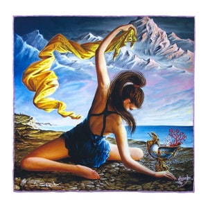 May include: A woman in a blue dress sits on a rocky shore, holding a golden chalice with red coral. She is reaching out with her left hand, and a yellow scarf is flowing behind her. The background features a mountain range and a cloudy sky.