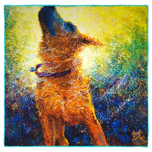 May include: A painting of a brown dog with its head tilted back, howling at the sun. The dog is surrounded by a bright yellow and blue background with a burst of light coming from the dog's mouth.