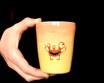 Handmade ceramic mug monster, coffee mug, wheelthrown, yellow-orange, tea, childrensmug, monstermug, ceramic cup, kids, camping, tumbler