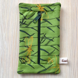 Pocket, make-up bag, bag, beautycase, pencilcase, two-sided,  beige leather, handprinted grey cotton, dragonfly design, silk screen printing