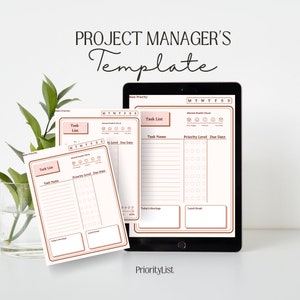 May include: A digital planner template for project managers with a pink and brown colour scheme. The template includes a task list, priority level, due date, and a mental health check section. The text "PriorityList" is at the bottom of the template.
