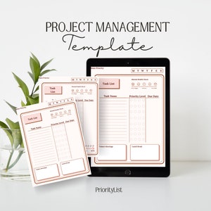 May include: A printable project management template with a pink and brown color scheme. The template includes a task list, priority level, due date, and a mental health check section. The text "PriorityList" is at the bottom of the page.