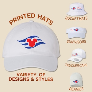 May include: A variety of white hats with a Disney Cruise Line logo featuring Mickey Mouse. The hats include bucket hats, sun visors, trucker caps, and beanies.