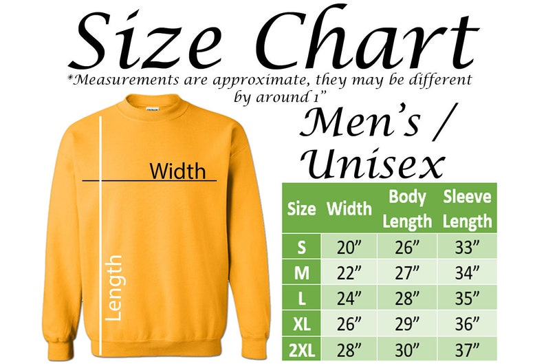 May include: Size chart for a yellow sweatshirt with measurements in inches for width, body length, and sleeve length. Sizes include S, M, L, XL, and 2XL.