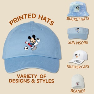 Mickey Playing Soccer Hat | Full Color Printed Hat | Trucker Hat Bucket Hat Sun Visor Beanie Birthday Cap Disney Family Trip Youth Kids Cap
