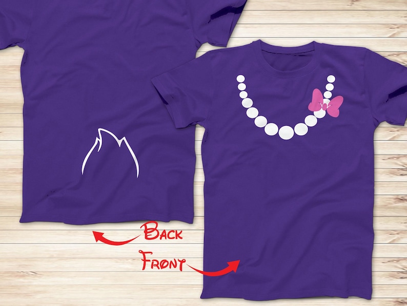 May include: Two purple t-shirts with a white design. The front of one shirt has a pearl necklace with a pink bow. The back of the other shirt has a white silhouette of a mountain.