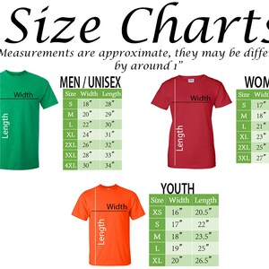 May include: Size chart for men's, women's, and youth t-shirts. The chart shows the width and length measurements in inches for each size.