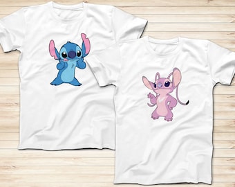 Stitch and Angel T-Shirts, Couples Shirts, Disney Lilo and Stitch Cartoon, Ohana Means Family Shirts, Adults and Kids Shirts, Disney Shirts
