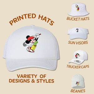 Mickey Playing Golf Hat Full Color Printed Hat Trucker Hat Bucket Hat Sun Visor Beanie Birthday Cap Disney Family Trip Youth Kids Cap