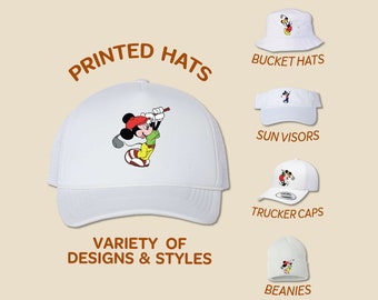 Gorra de Mickey jugando al golf, estampada a todo color, estilo camionero, tipo cubo, con visera, para cumpleaños, para viajes familiares de Disney, para jóvenes y niños.