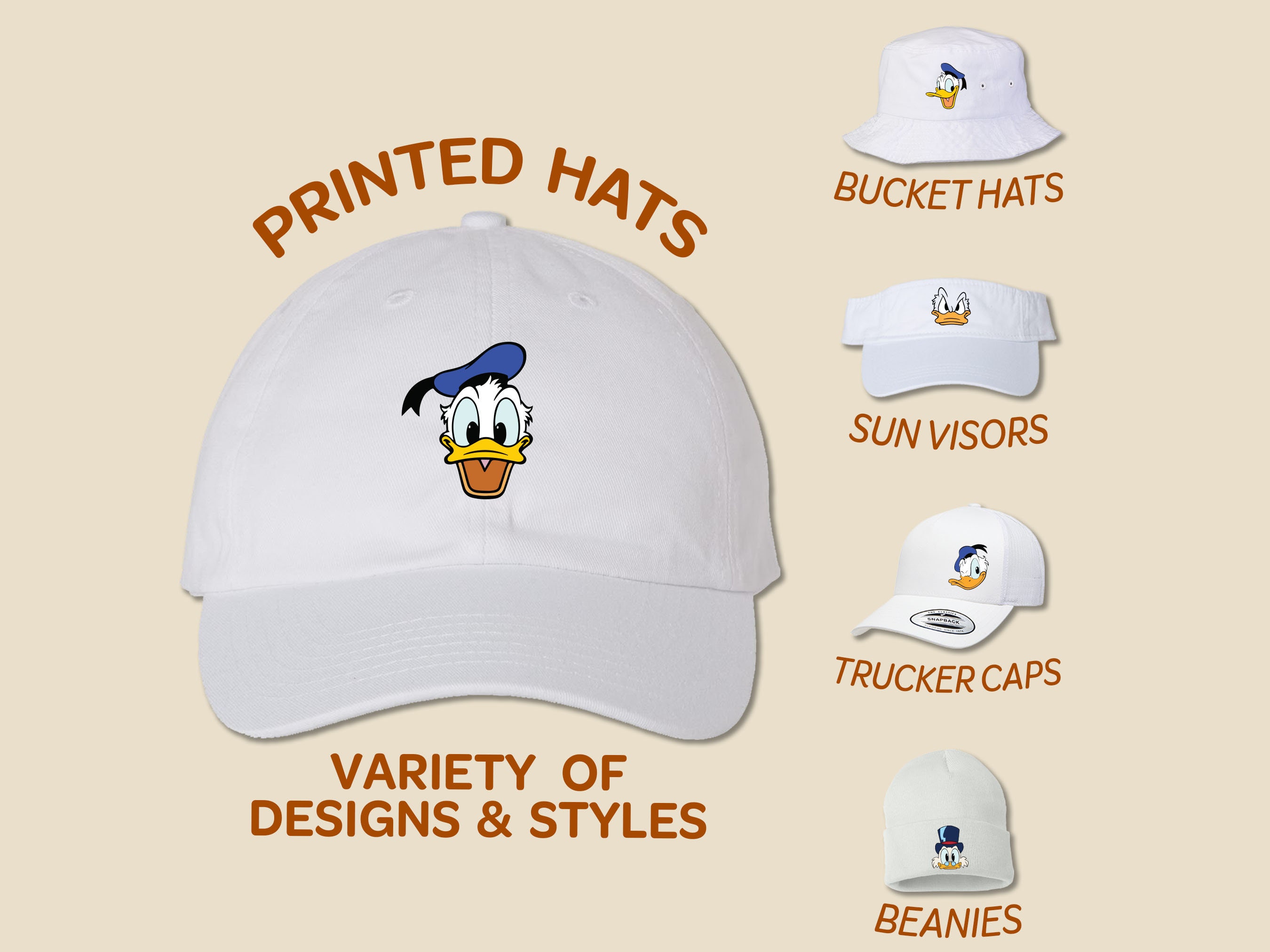 帽子 DONALD DUCK / PIGMENT CAP / SAND Donald Duck Face Hat | Full Color Printed Hat | Trucker Hat