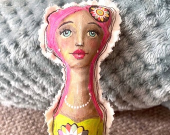 Blossom hand painted small doll pillow fabric textile art primitive soft sculpture OOAK pink hair whimsical face