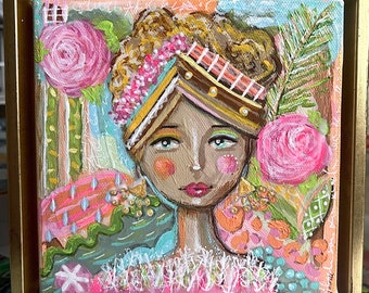 Tropical Queen original mixed media recycled whimsical face art painting southern coastal female girl framed
