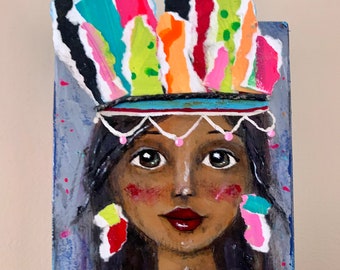 Brilliant and Brave original acrylic mixed media whimsical female face painting art native american headdress wood collage warrior