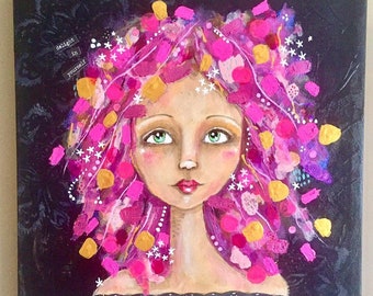 DELIGHT IN YOURSELF original canvas painting art female empowerment mixed media pink hair