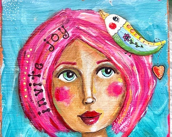 Invite Joy pink hair face bird original acrylic art whimsical female painting