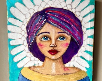 Guidance angel original art painting whimsical face woman girl wings