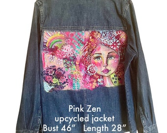 Pink Zen XXL hand painted jacket OOAK unique art to wear wearable denim recycled upcycled