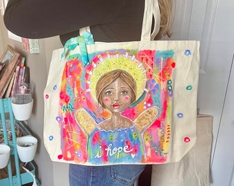 I Hope angel halo original acrylic whimsical painting on canvas tote bag painted fabric